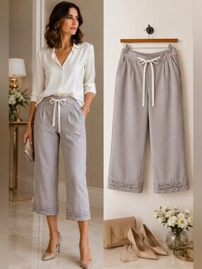 Shinestar Gold XL Cropped Tapered Pants Stone Gray Drawstring Elegant